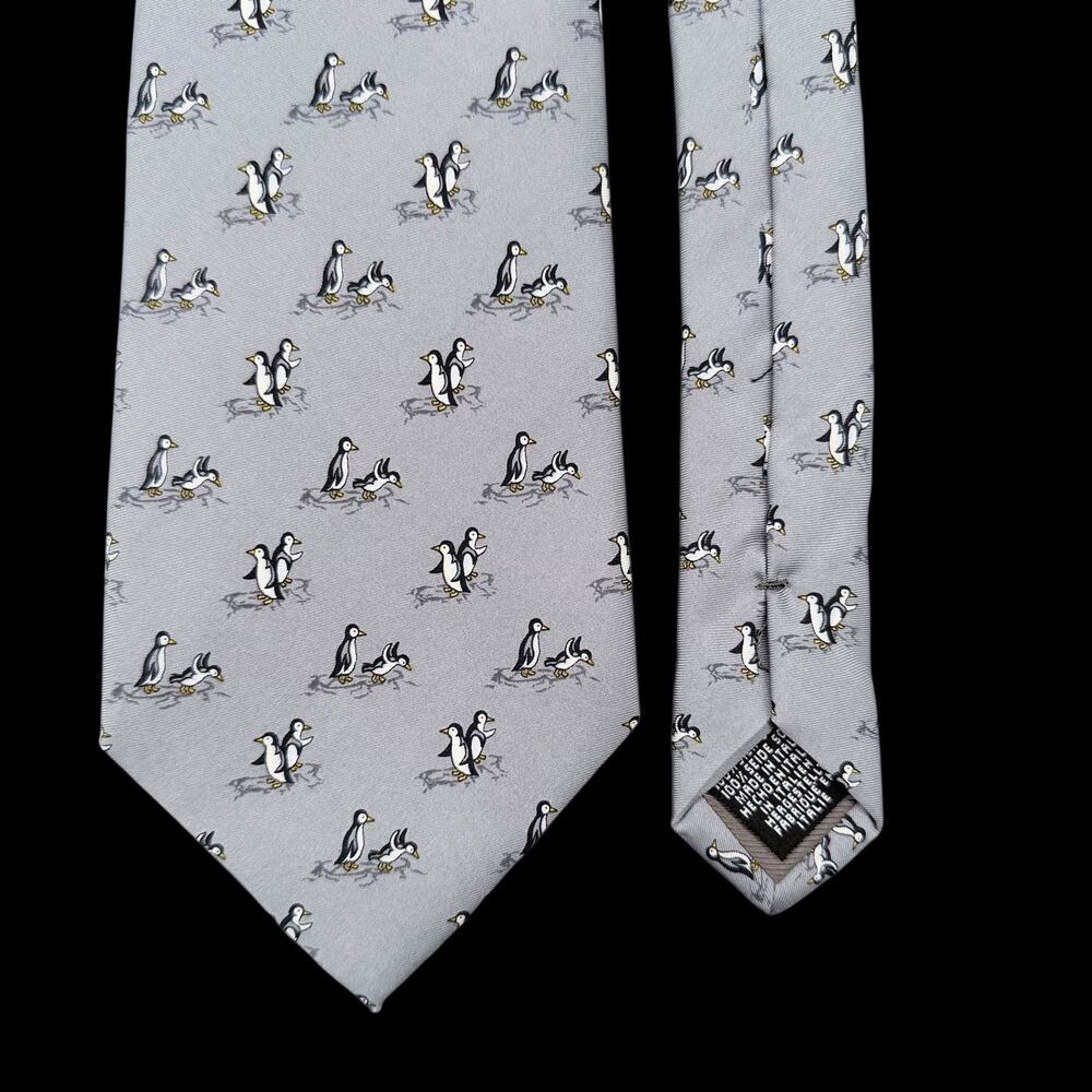 Gray Mens Silk Tie Penguin Print Novelty Made Italy Beaufort Tie Rack